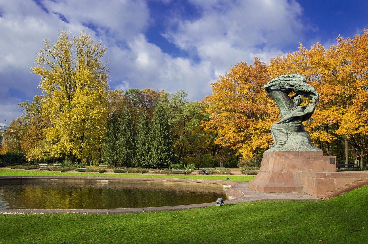 lazienki, royal, poland, warsaw, lake, yellow, autumn, fall, blue sky, chopin, trees, history, blue, monument, statue, landscape, sky, nature, garden, landmark, park, city